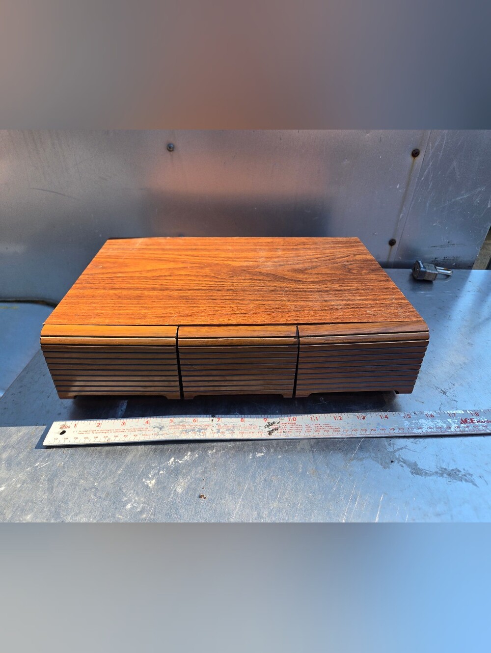 Vintage Wood Grain 3-Drawer Cassette Tape Storage Case